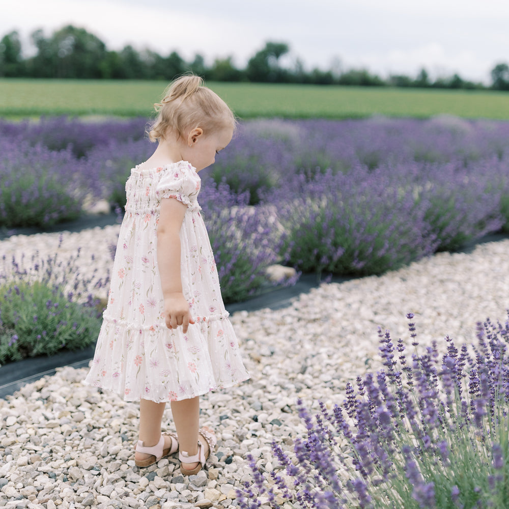 Small girl in pink dress stands on stone pathway between purple and green lavender plant rows